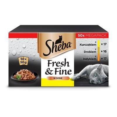 SHEBA saszetka 50x50g Fresh & Fine - mokra karma dla kotów dorosłych w sosie (z kurczakiem, z drobiem, z indykiem)