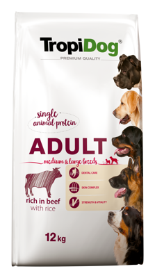 TROPIDOG Premium Adult medium & large breed wołowina z ryżem 12kg + Opaska odblaskowa GRATIS