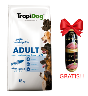 TROPIDOG Premium Adult medium & large breeds bogaty w łososia i ryż 12kg  + Baton mięsny GRATIS!!!