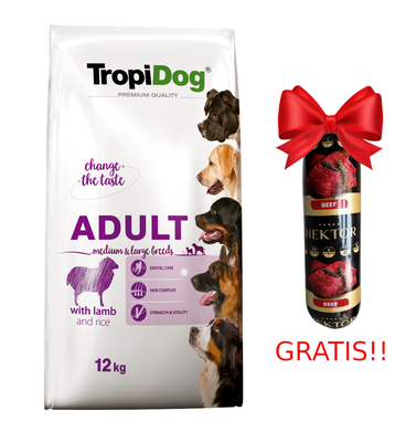 TROPIDOG premium adult medium & large breed jagnięcina z ryżem 12kg + Baton mięsny GRATIS!!!