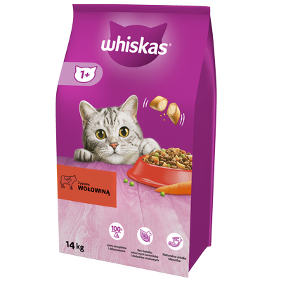 WHISKAS Adult 14kg - sucha karma dla dorosłego kota, z pyszną wołowiną /Opakowanie uszkodzone (9503,2277)!!!