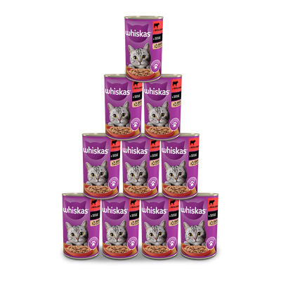 WHISKAS Adult puszka 12x400 g - mokra karma pełnoporcjowa dla dorosłych kotów, kawałki z wołowiną w sosie