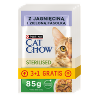 CAT CHOW Sterilised Karma dla kotów z jagnięciną i zieloną fasolką w sosie 4x85g (3+1 GRATIS)