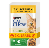 CAT CHOW Sterilised Karma dla kotów z kurczakiem i bakłażanem w sosie 4x85g (3+1 GRATIS)