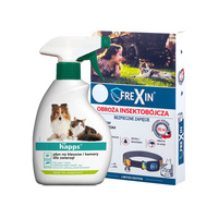 FREXIN Obroża insektobójcza dla kota 25 cm z dzwonkiem + HAPPS płyn na kleszcze i komary dla zwierząt 200ml