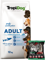 TROPIDOG Premium Adult medium & large breeds bogty w łososia i ryż 12kg + Alpha Spirit Przysmak dla psa kostki kaczka 50g GRATIS