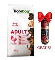 TROPIDOG Premium adult mediu & large breed indyk z ryżem 12kg + Baton mięsny GRATIS!!!